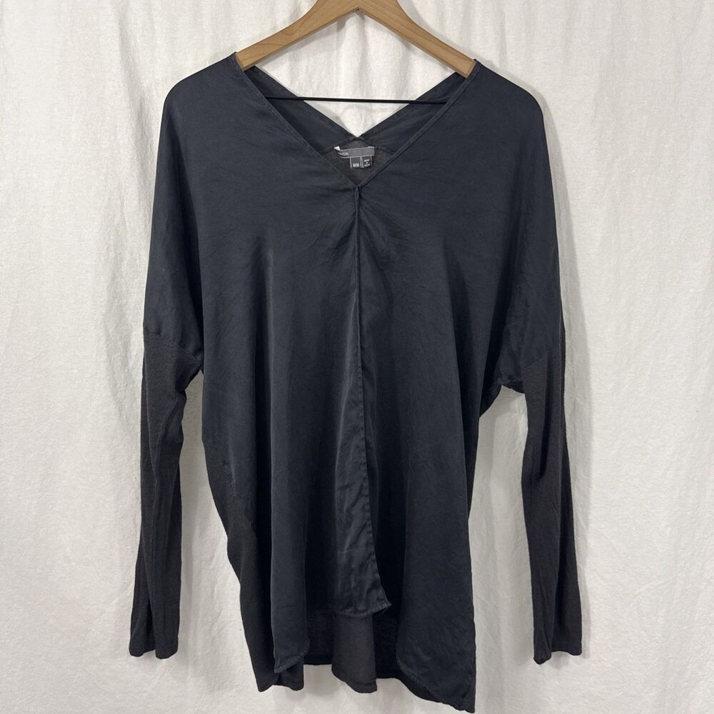 Vince Black Silk Blend Mixed Media Vneck Dolman Sleeve Top Womens Sz M